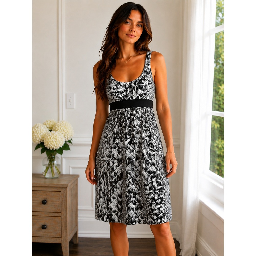Banana Republic Black White Geometric Silk Blend Empire Waist Dress Petite 4P‎